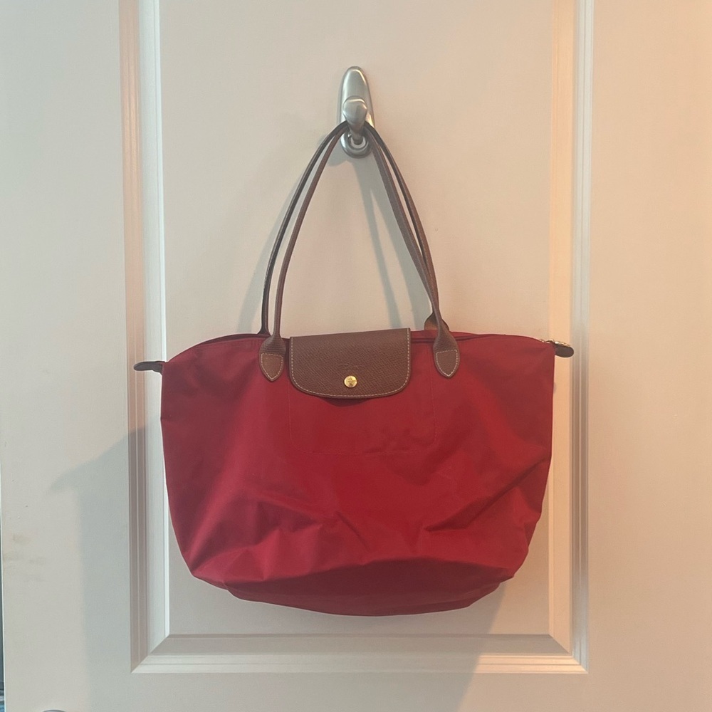 Longchamp Nylon Tote in Red with Brown Trim
